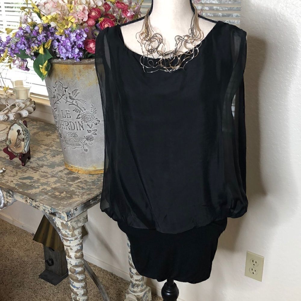 Angela Mara Sleeveless Black Silk Overlay Top